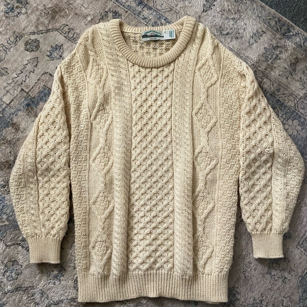Aran Crafts Cable Knit Crewneck Sweater in Classic Crean Color, Relaxed Fit